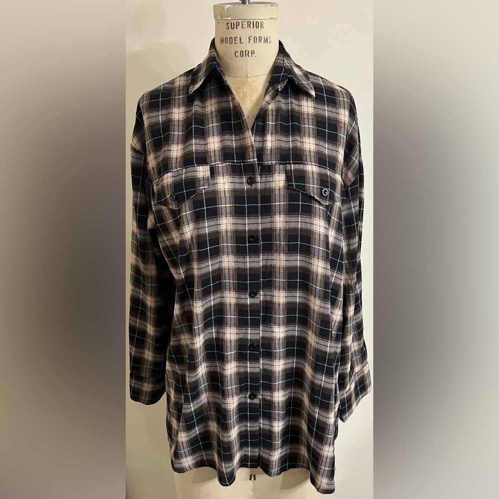 Pretty Little Thing Brown and Black Check Oversized Button Front Shirt Size 6